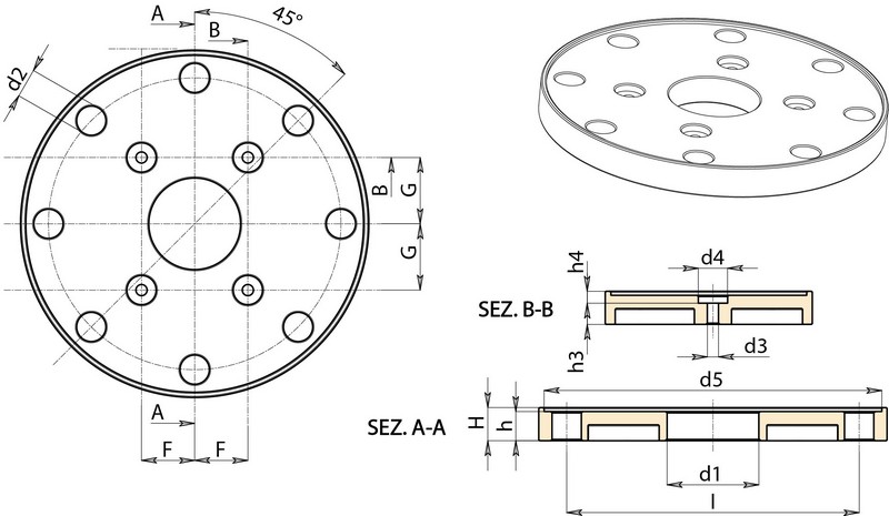 Leschhorn DFLAN Sicherungsflansch D 131; l 110; d2 11; Bohrung d1 34,5; - LE DFLAN Sicherungsflansch - Kunststoff-EcoLine-Massblatt