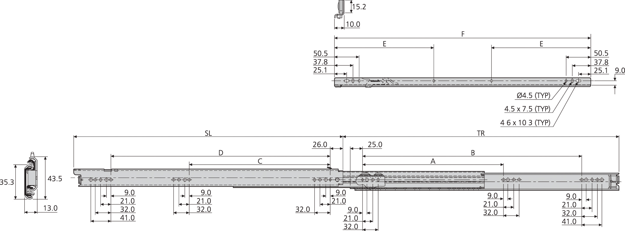 Accuride DZ7407-0045-2 Teleskopschienen 100% Überauszug, 13x35,3, SL 450,TR 464, 45kg, hell verzinkt !!! AUSLAUFARTIKEL !!! LAGERABVERKAUF ODER MM ANFRAGEN !!!NUR NOCH 1 PAAR - 7407 Accuride Teleskopschiene technische Zeichnung