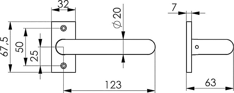 AMF 407 Türdrücker, gekröpft, drehbar: Ja, fest: -, Rosette: 32 x 67,5 mm - LE 407 Tuerdruecker - gekroepft -Skizze