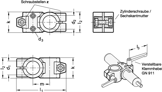 Ganter 132.1-B30-B30-40-2-S  Kreuz-Verfahrschlitten, Aluminium, d1 - d2: B30 - B30, k Klemmlänge: 40, Oberfläche: S - schwarz, RAL 9005, strukturmatt - GN 132-1 Kreuz-Verfahrschlitten - Aluminium - Massblatt