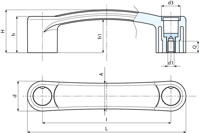 Leschhorn B326 Bügelgriffe L 160;  l 132; Gewinde d1 M08; Kunststoff PA, schwarz, Gewindebuchse Messing - Boteco B336 Buegelgriffe