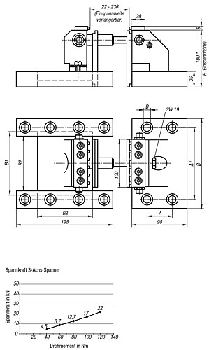 Kipp K0939.4012100 3 ACHS SPANNER FÜR RASTERPLATTEN (RASTERABSTAND 40/M12) - KIPP K0939 3 Achs Spanner fuer Rasterplatten