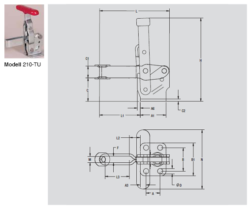 DESTACO 210-TUB Vertikal-Kniehebelspanner Haltekraft 2800 N - 3400 N, Öffnungswinkel 105° - 210-TU Vertikalspanner - U-Spannarm - Fuss abgewinkelt - T-Handgriff