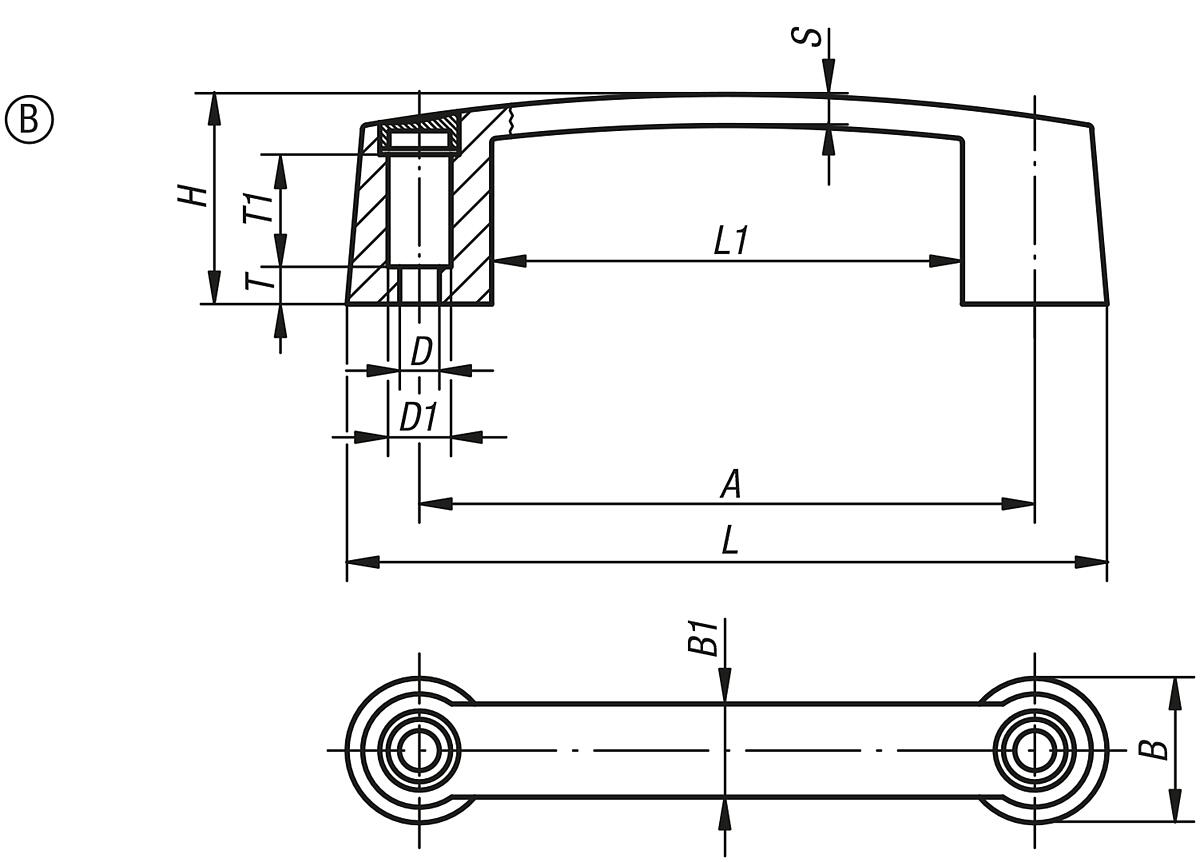Norelem 06902-209406 BÜGELGRIFF FORM B, A=93,5, D=6,8, THERMOPLAST - NLM 06902-B Buegelgriffe Form B - Massblatt