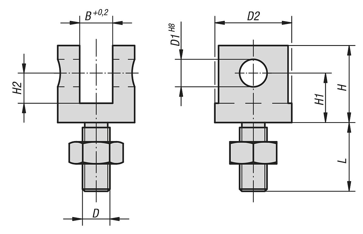 Norelem 07620-16 GABELSTÜCK MIT GEWINDEBOLZEN, M16X40 - NLM 07620 Gabelstuecke  mit Gewindebolzen - Massblatt