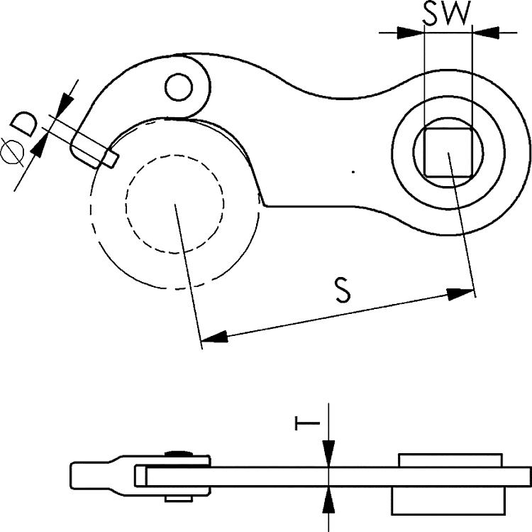 AMF 776Md-35-60 Gelenk-Hakenschlüssel mit Zapfen und Aufnahme für Drehmomentschlüssel, Größe : 35-60, ØD: 4, S: 75, T: 5 - LE 776Md Gelenk-Hakenschluessel mit Zapfen undAufnahmefuerDrehmomentschluessel-Skizze