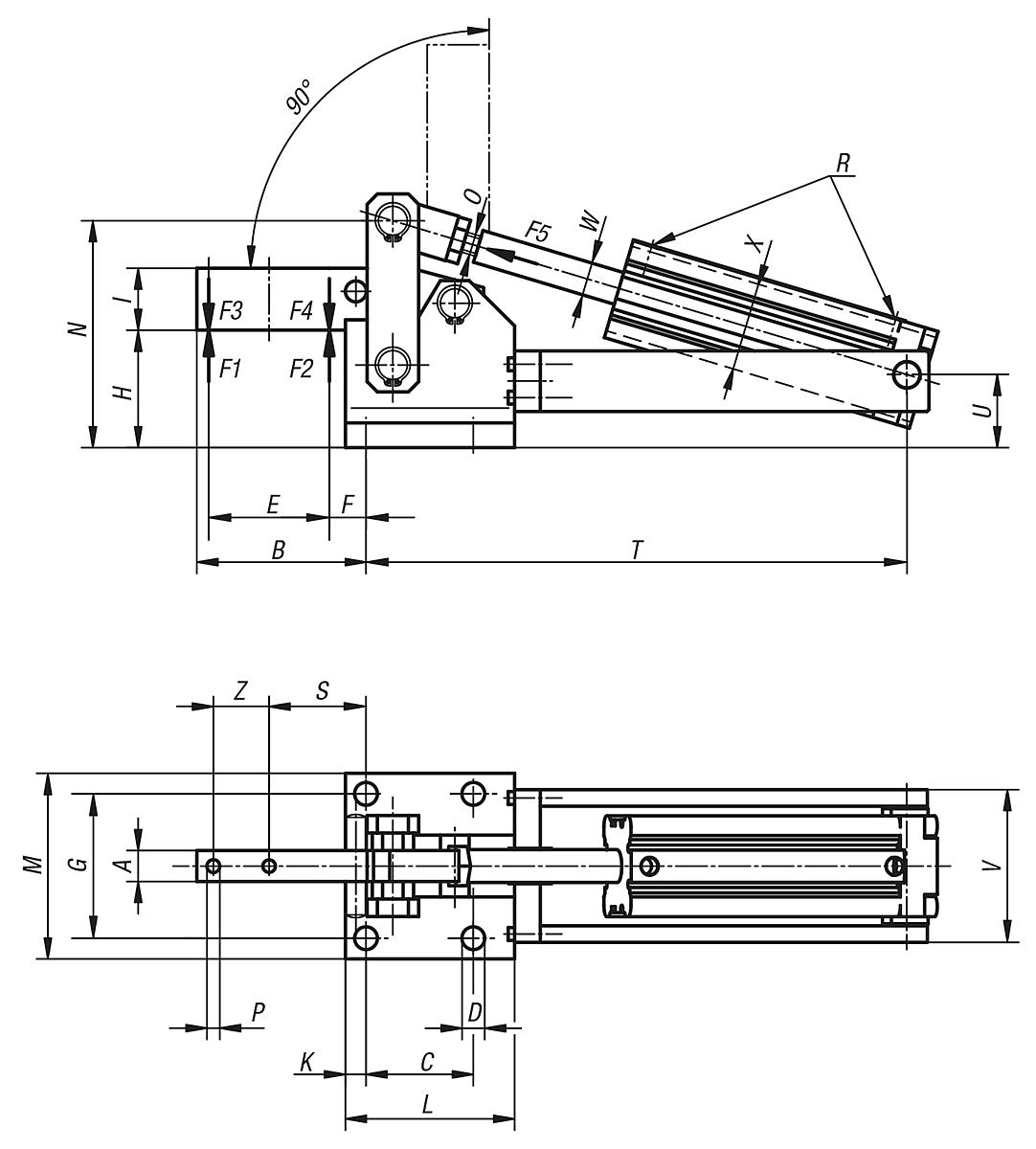 Norelem 05350-08 PNEUMATIKSPANNER SENKRECHT, SCHWERE AUSFÜHRUNG - NLM 05350 Pneumatikspanner senkrecht  schwere Ausfuehrung - Massblatt