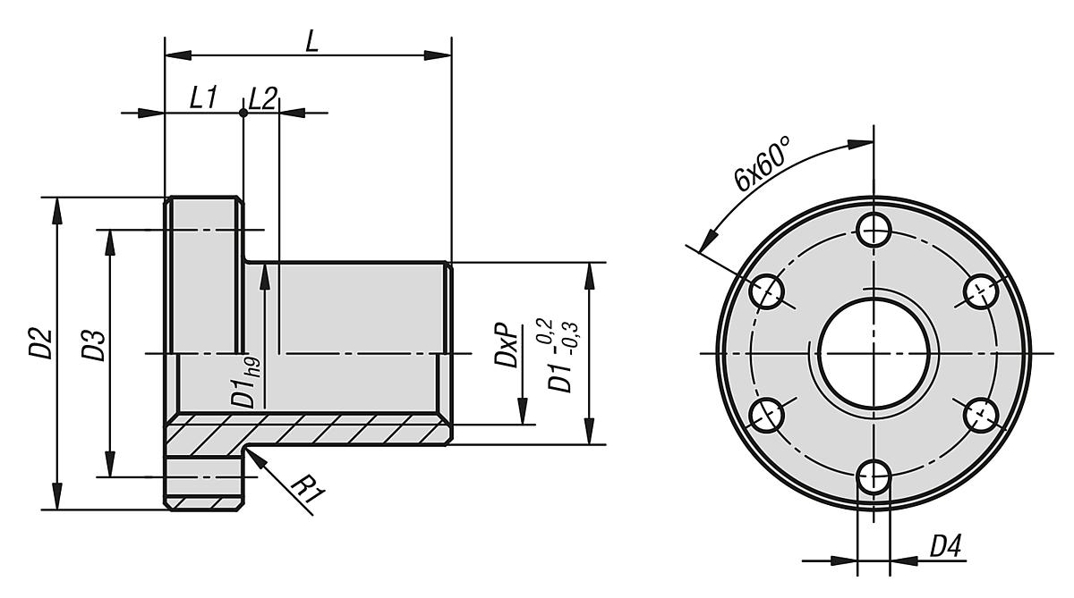 Norelem 24005-260513 TRAPEZGEWINDEMUTTER RECHTSGEWINDE, MIT FLANSCH, EING NGIG - NLM 24005 Trapezgewindemuttern mit Flansch Rechtsgewinde - eingaengig - Massblatt
