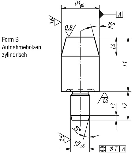 DIN 6321 AUFNAHMEBOLZEN FORM B, LANG, D1=6 - KIPP K0293-B Aufnahmebolzen lang Form B