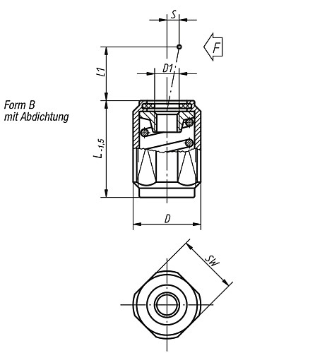 Kipp K0372.2020X12 FEDERNDES SEITENDRUCKSTÜCK FORM B, D=M12, D1=M4, F=20N, L=11 - KIPP K0372-B Federnde Seitendruckstuecke mit Gewind
