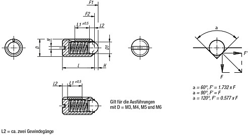 Norelem 03001-06 FEDERNDES DRUCKSTÜCK  M6, KUGEL, LONG LOK - Norelem 03001 Federnde Druckstuecke mit Schlitz und Kugel - Standard Federkraft - LONG LOK gesichert