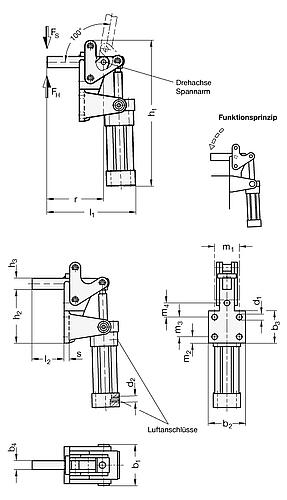 Ganter 863-1000-EPV-M PNEUMATIK SPANNER F.NÄHERUNGSSCHALTER - GN 863 Schnellspanner - pneumatisch - schwere Ausfuehrung - mit Magnetkolben-Skizze