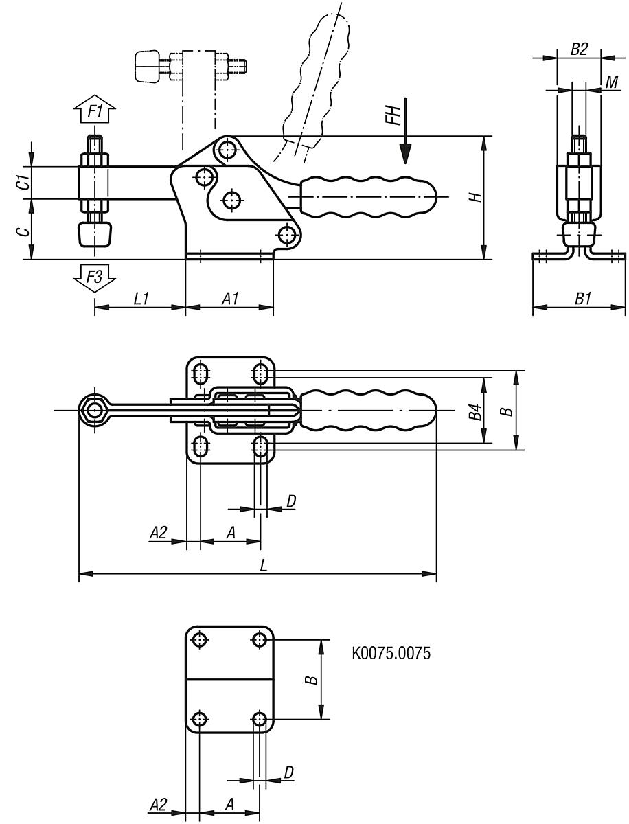 Kipp K0075.0150 SCHNELLSPANNER HORIZONTAL, MIT WAAGRECHTEM FUSS, P=150 daN - K0075 Schnellspanner horizontal mit waagrechtem Fuss und fester Andruckspindel - Massblatt