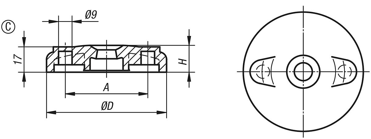 Kipp K0423.3100 TELLER F. STELLFUSS FORM C, - K0423-C Teller fuer Stellfuesse aus Kunststoff - Form C - Massblatt