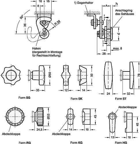 Ganter 115.8-HG-18-H1-CR-1 Hakenverriegelungen, Betätigung mit Bedienelementen - GN 115-8 Hakenverriegelungen - Betaetigung mit Bedienelementen-Skizze