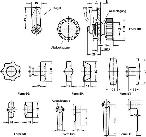 Ganter 115-SK10-22-SW Verriegelungen, mit Steckschlüssel, Anschlagring schwarz - GN 115 Verriegelungen - mit Bedienelementen - Anschlagring schwarz-Skizze