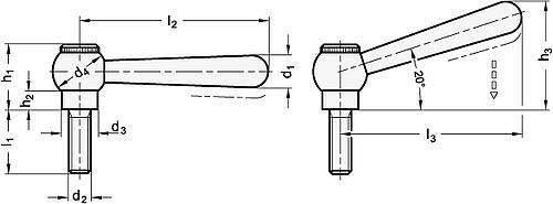 Ganter 99.2-13-M10-50-N VERST. KEGELGRIFF MIT SCHRAUBE, SCHRÄG - GN 99-2 Verstellbare Kegelgriffe mit Gewindestift - Stahl-Skizze