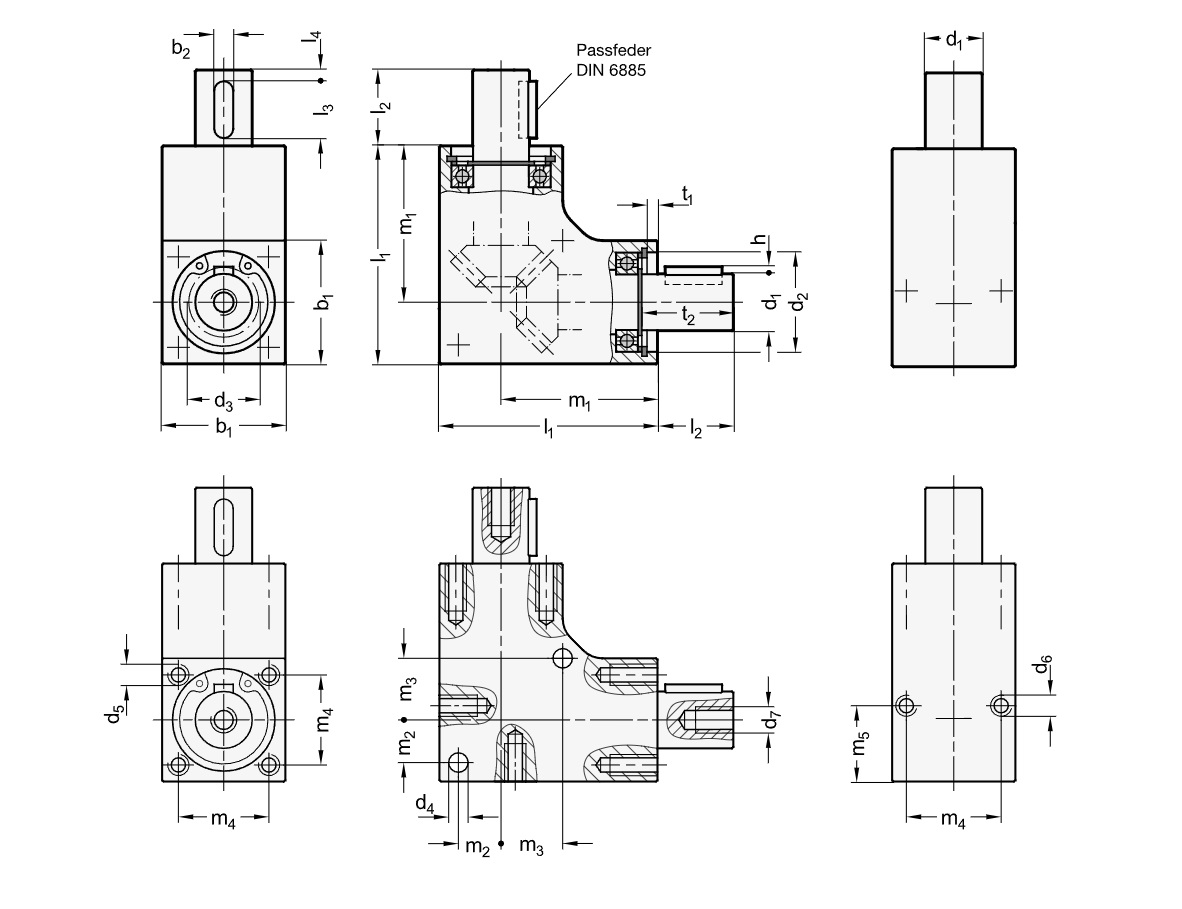 Ganter 3971-18-L-6-AN Kegelradgetriebe - GN-3971-Kegelradgetriebe-Gehaeuse-Aluminium-Skizze