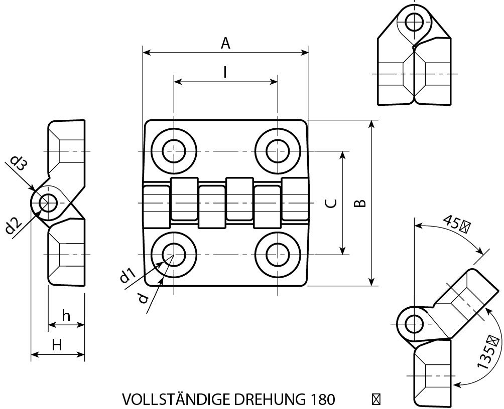 Leschhorn Scharniere  I 40; C 40; Bohrung d1 6,5; Kunststoff PA, schwarz, - Boteco O401 Scharniere
