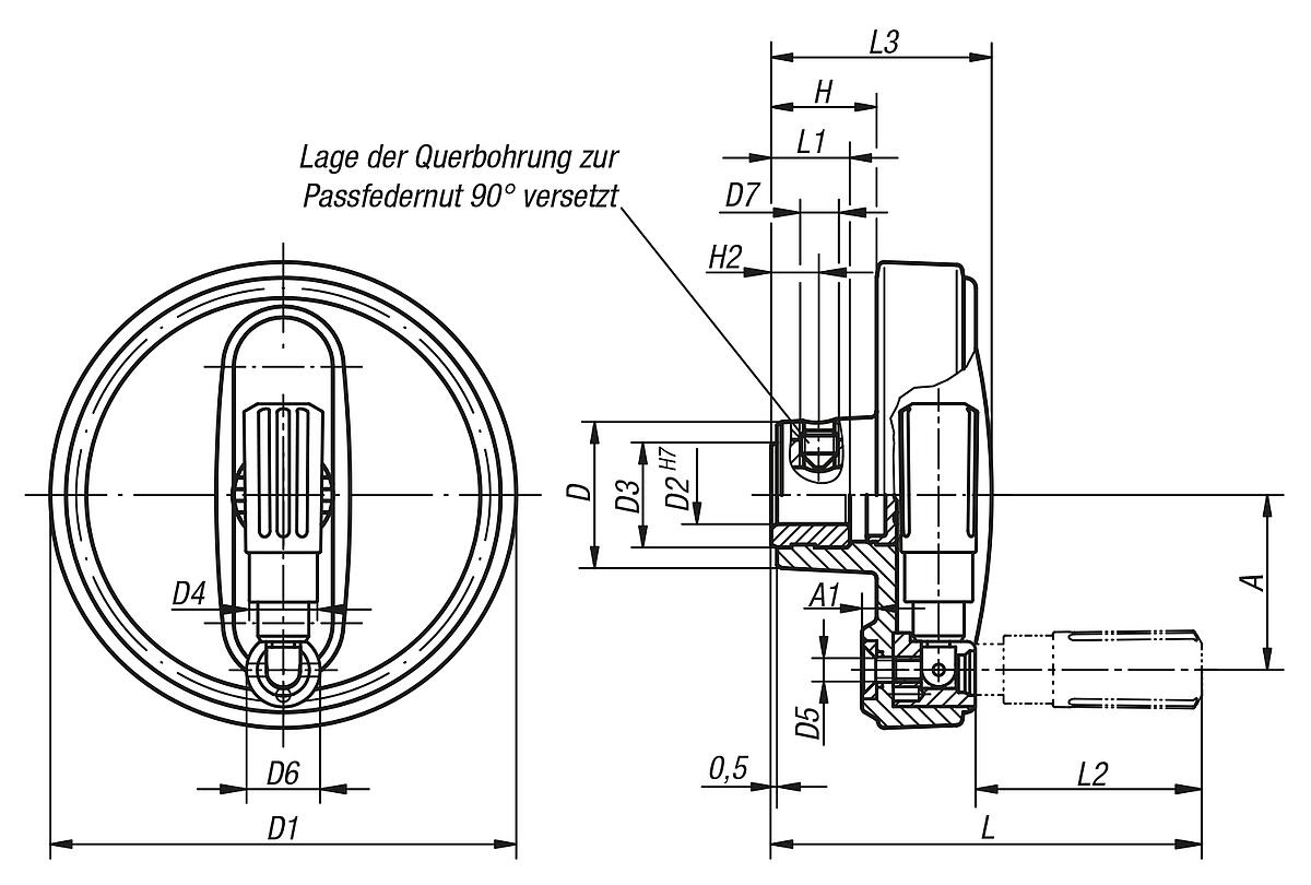 Norelem 06264-312516 NOVO.GRIP HANDRAD M.ZYL.GRIFF UMLEGBAR, GR.3, D1=125, D=16H7 - NLM 06264 Handraeder  mit Zylindergriff umlegbar - Massblatt
