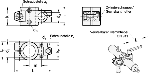 Ganter 133.2-B30-B18-2-SW  Kreuz-Verfahrschlitten für Zweiachssystem, Aluminium, d1 - d2 (ohne Gleiteinsatz): B30 - B18, Kennziffer: 2 - mit 2 Edelstahl-Zylinderschrauben ISO 4762, Oberfläche: SW - schwarz, RAL 9005, strukturmatt - GN 133-2 Kreuz-Verfahrschlitten fuer Zweiachssystem - Aluminium - Massblatt