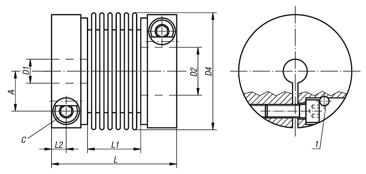 Norelem 23000-170 METALLBALGKUPPLUNG, GR. 170, VORGEBOHRT D1+D2=15 - NLM 23000 Metallbalgkupplungen  mit radialer Klemmnabe - Massblatt