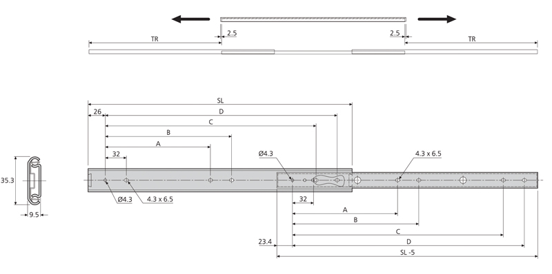 Accuride DZ2026-0055 Teleskopschienen 75% Teilauszug, Auszug in beide Richtungen, 9,5x35,3, SL 550,TR 397,8, 35kg, hell verzinkt - 2026 Accuride Teleskopschiene technische Zeichnung