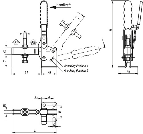 Kipp K0059.0250 SCHNELLSPANNER VERTIK. M.SICHERUNG, MIT WAAGRECHTEM FUSS, P= - KIPP K0059 Schnellspanner vertikal mit Sicherheits