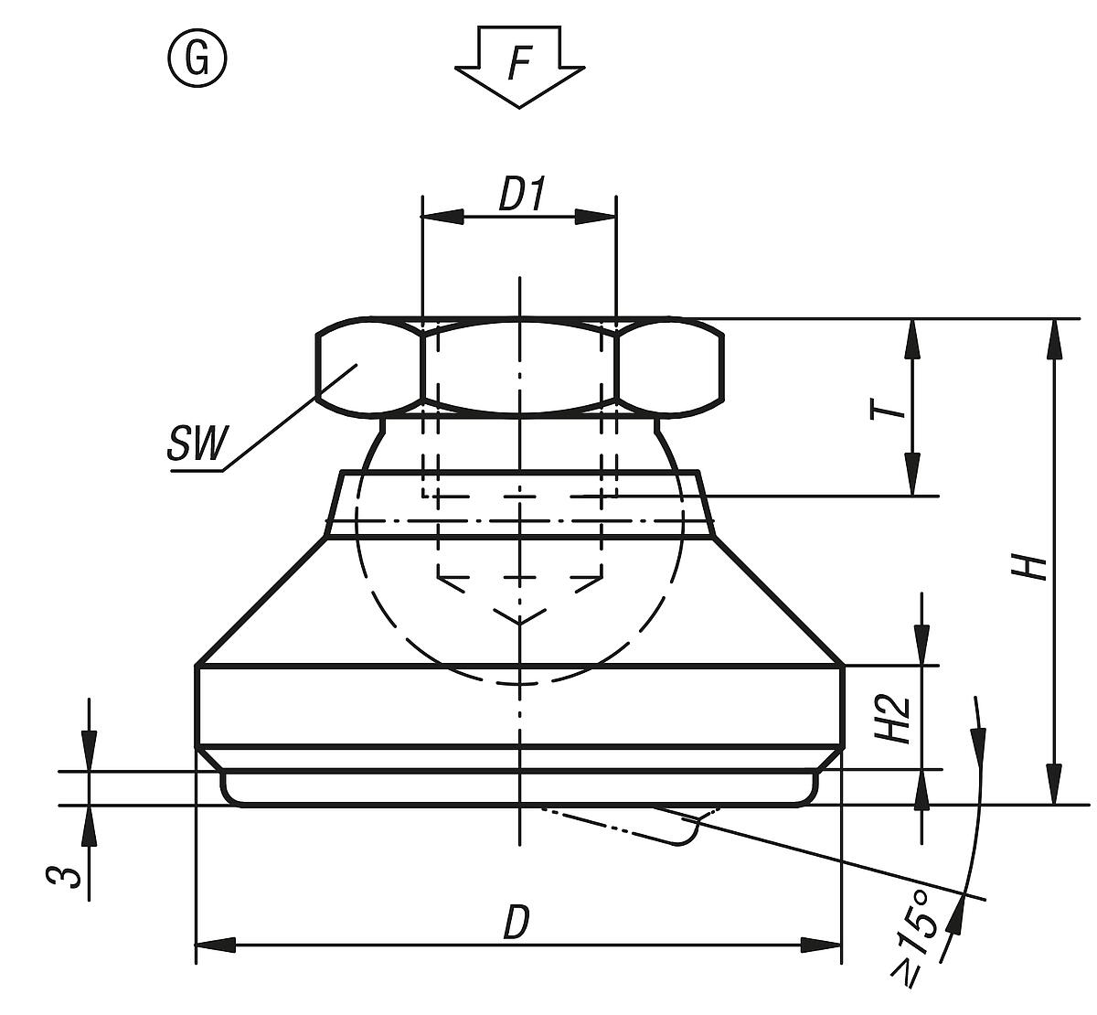 Norelem 07144-410 GELENKTELLER FORM G, D1=M10, D2=32 - NLM 07144-G Gelenkteller Form G - Massblatt