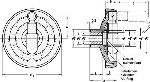 Ganter 524.3-100-B10-D ELESA HANDRAD MIT UMLEGGRIFF - GN 524-3 Umleggriff Handraeder - Kunststoff-Skizze