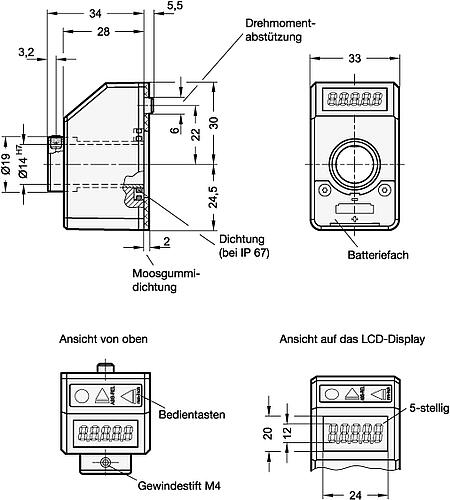 Ganter 9054-1-GR Stellungsanzeiger, digitale Anzeige, elektronisch, mit LCD Display, 5 stellig - GN 9054 Stellungsanzeiger - digitale Anzeige - elektronisch - mit LCD Display - 5 stellig-Skizze