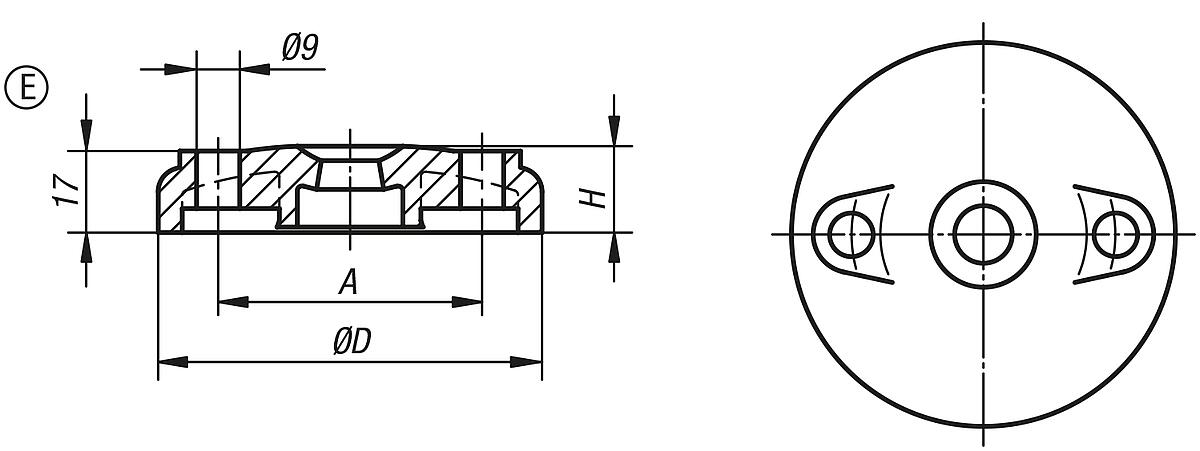 Kipp K0423.5080 TELLER F. STELLFUSS FORM E, - K0423-E Teller fuer Stellfuesse aus Kunststoff - Form E - Massblatt