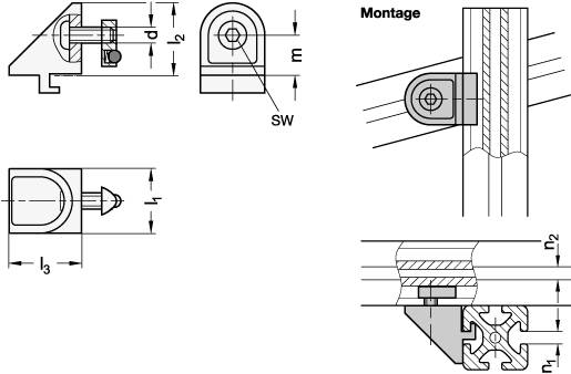 Ganter 42I-2466-C-ZWSZ  Drehwinkel, Zink-Druckguss, für Aluprofile (i-Baukasten), Länge l1: 24, Nutbreite n1: 6, Nutbreite n2: 6 - GN 42i Drehwinkel - Zink-Druckguss - fuer Aluprofile - i-Baukasten - Massblatt
