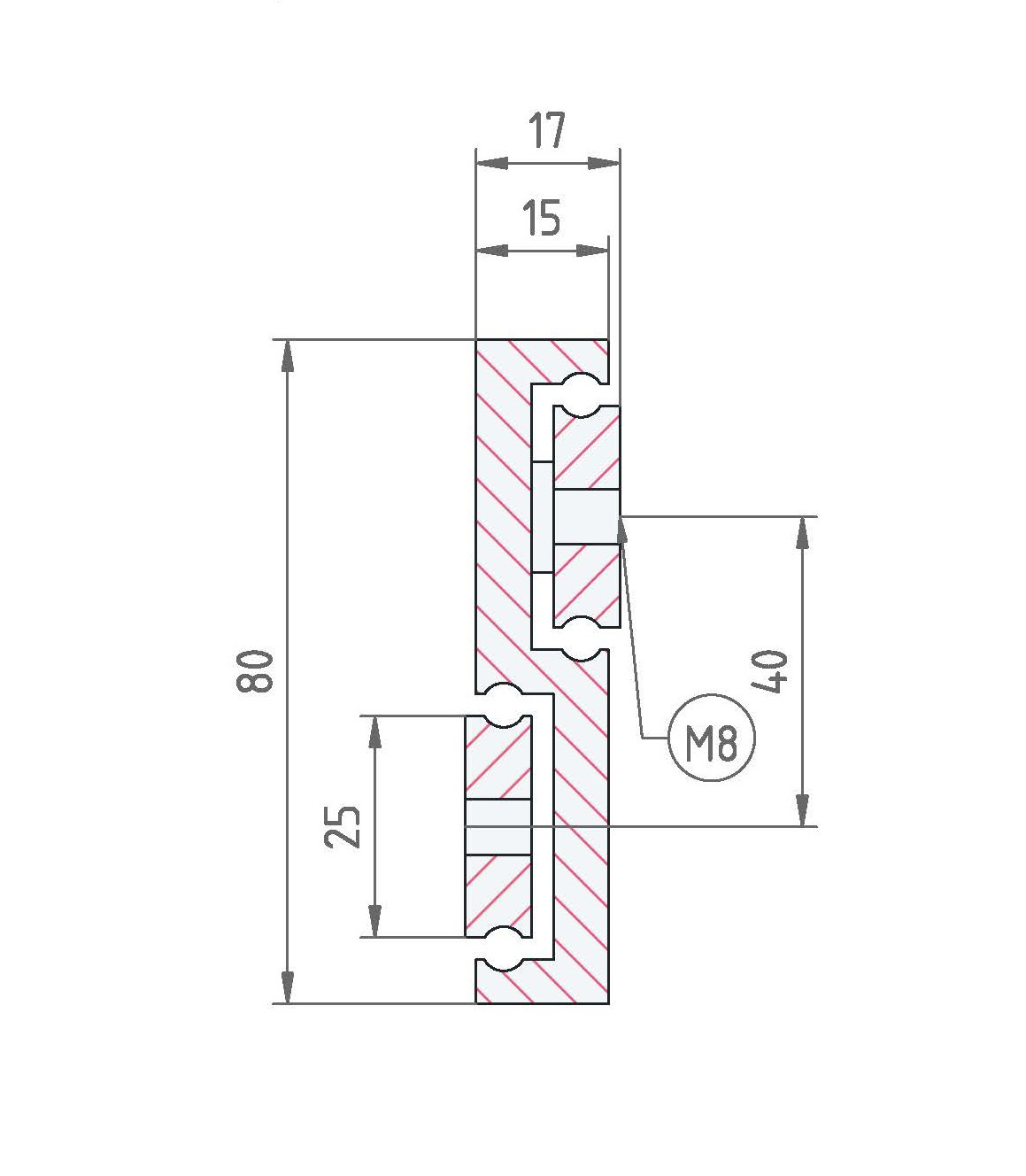Leschhorn HPSV 8017-0200-GG-ST Hochpräzise Schwerlast-Teleskopschienen, S-Profil 80x17, Vollauszug, A=200, GG: Gewinde M8/Gewinde M8, Lastwert 170kg, Stahl verzinkt - LE HPSV-8017 Profilquerschnitt
