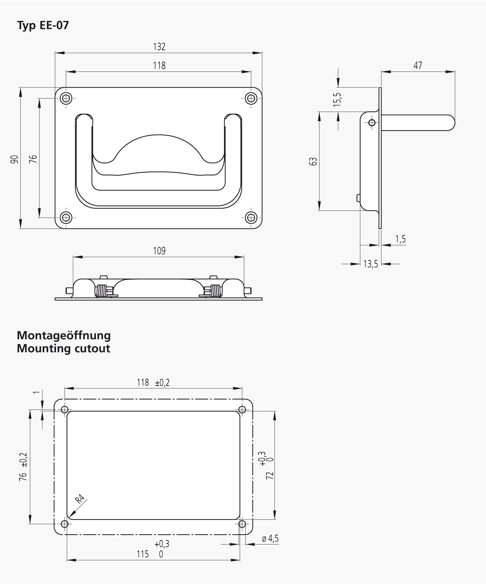 Leschhorn EDEE-07-118x76-A2 Edelstahl Klappgriffe, Montageöffnung 132 x 90 mm, Lochbild: B= 118 mm, H= 76 mm, T= 13,5 mm, Material 1.4301 - LE SWEE-07 - EDEE-07 - Technische Zeichnung