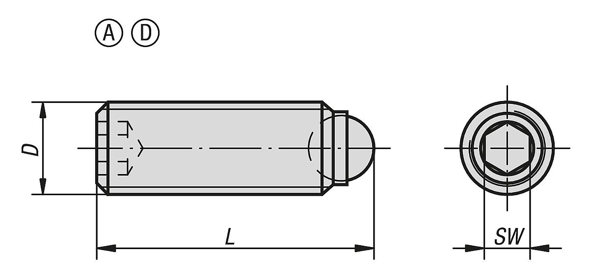 Kipp K0383.10610 KUGELDRUCKSCHRAUBE FORM A, OHNE KOPF, D1=M6, L1=10,8 - K0383 Kugeldruckschrauben ohne Kopf mit voller Kugel - Massblatt