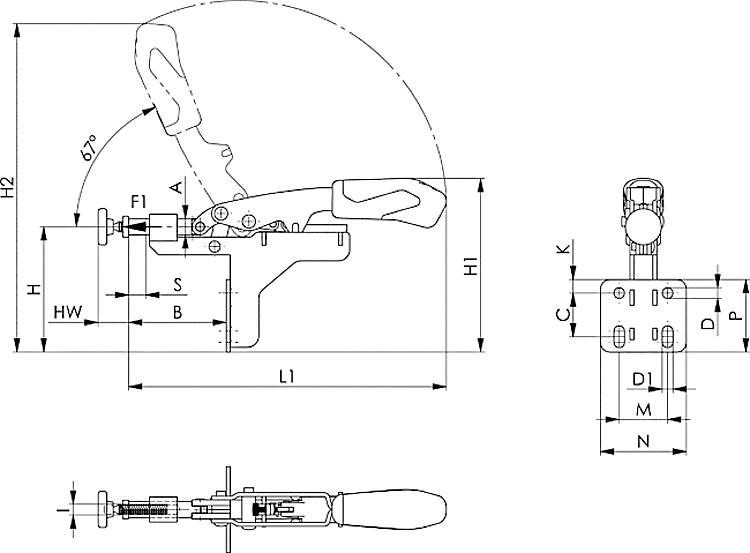 AMF 6873-25 Schubstangenspanner mit variabler Spannhöhe, Größe : 25, F1: 3 kN - LE 6873 Schubstangenspanner variabel -Skizze