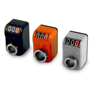 Fiama OP2-A-0,5-DX-10-G mechanische digitale  Positionsanzeigen, Ansicht A horizontal, Steigung 0,5mm, Anzeige nach 1 Umdrehung 00,5; DX= rechts steigend, Hohlwelle 10H7, Farbe G= schwarz, Drehmomentstütze, Achsabstand I= 18 mm - LE 70063 OP2
