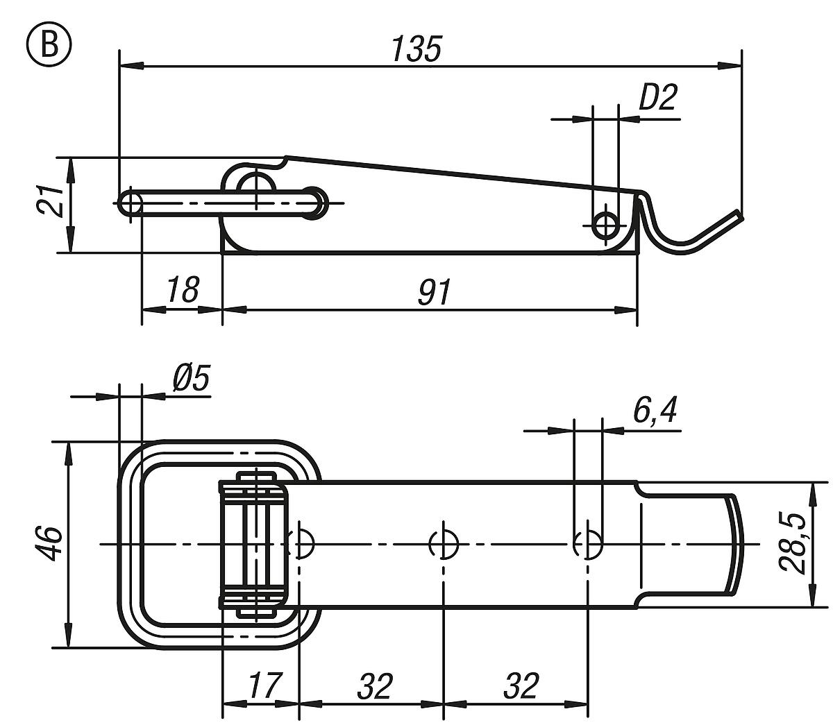 Kipp K0045.2641352 SPANNVERSCHLUSS MIT SPANNBÜGEL, FORM B, EDELSTAHL - K0045-SVB Spannverschluesse mit Spannbuegel Form B - Massblatt