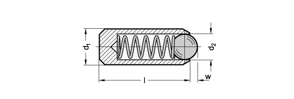 Ganter 614.3-10-NIS  Federnde Druckstücke, Edelstahl, ohne Gewinde, mit Kugel, Aussendurchmesser d1: 10, Form: NIS - verstärkter Federdruck, d2: 8 - GN 614-3 Federnde Druckstuecke - Edelstahl - ohne Gewinde - mit Kugel - Massblatt
