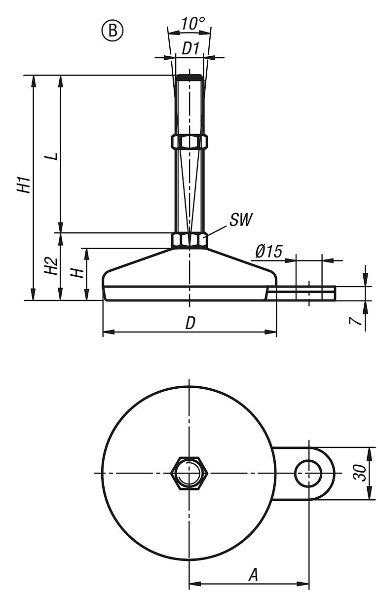 Kipp K0739.2210020X200 STELLFUß FORM B EDELSTAHL D=100, M20X200 - K0739-B Stellfuesse Stahl oder Edelstahl Form B - Massblatt