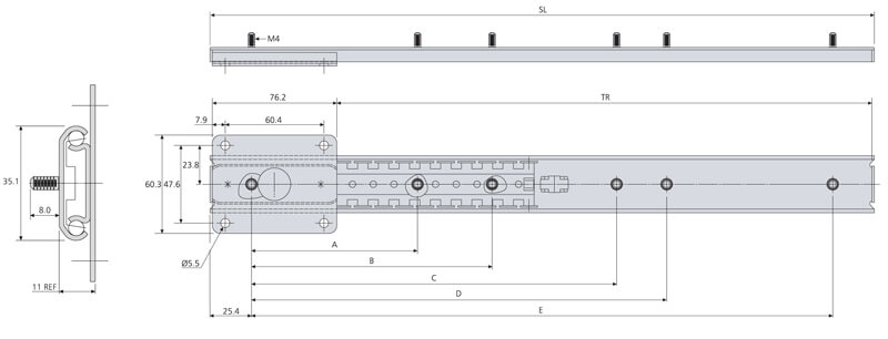 Accuride DZ0115-0030RS Linearführungen, 11x35,1, SL 305, TR 226, E 254,0,  60kg, hell verzinkt - Accuride DZ0115RS Linearfuehrungen - bis 60 kg - Zeichnung