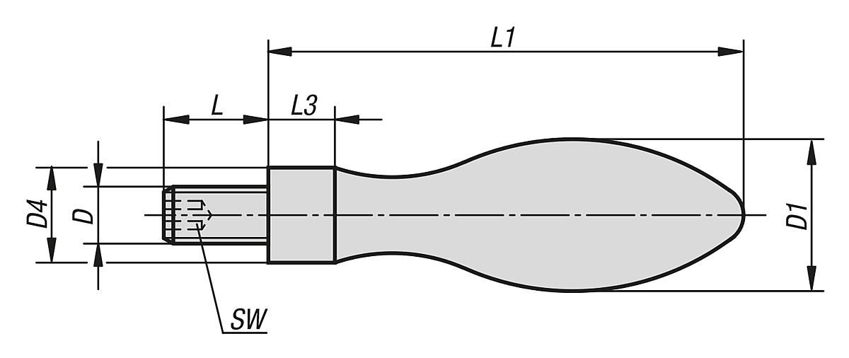 Norelem 06292-1636112 FESTST. BALLENGRIFF, ALUMINIUM, DIN 39, FORM E, D1=36, D3=M1 - NLM 06292 Ballengriffe  feststehend DIN 39 Form E - aus Aluminium - Massblatt