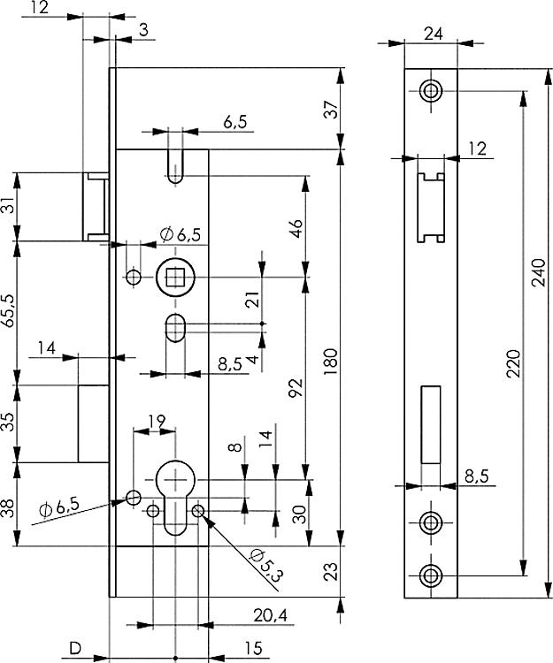 AMF 8405ZW-18 Schweres Rohrrahmen-Fallen-Riegelschloss, Schließung: PZW, D: 18 mm - LE 8405 Schweres Rohrrahmen-Fallen-Riegelschloss -Skizze