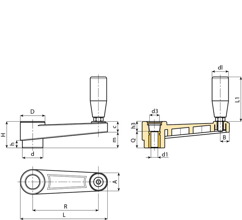 Leschhorn E216 Handkurbeln  L 138; R 110; Bohrung d1 D8; Kunststoff PA, schwarz, Gewindebuchse Messing - Boteco E216 Handkurbeln