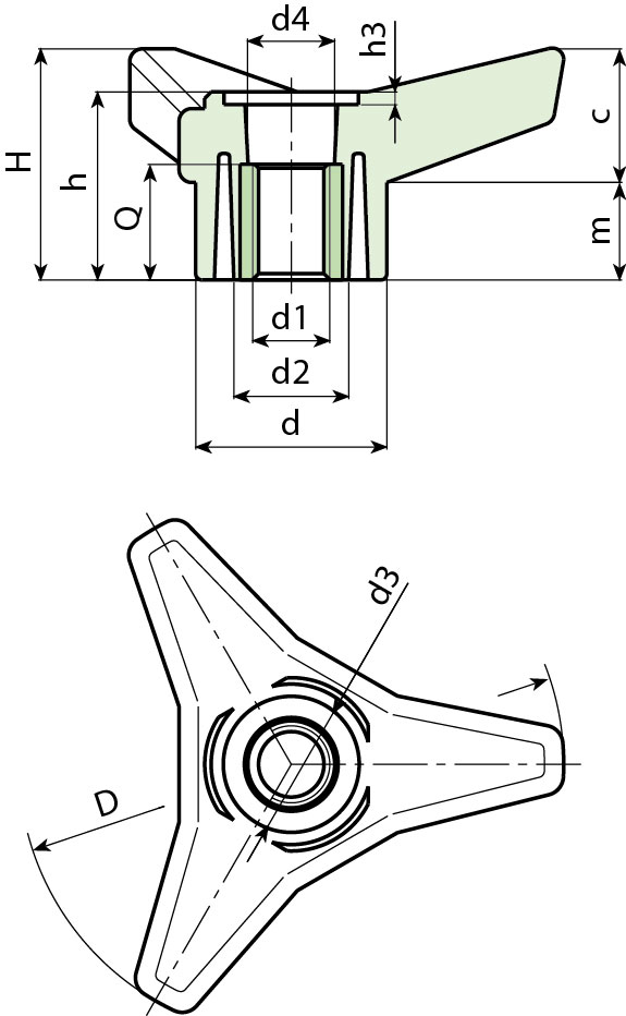 Leschhorn F663 Dreisterngriffe  D 125; d 42,5; Gewinde d1 M18; Kunststoff PA, schwarz, Gewindebuchse Messing - Boteco F663 Dreisterngriffe