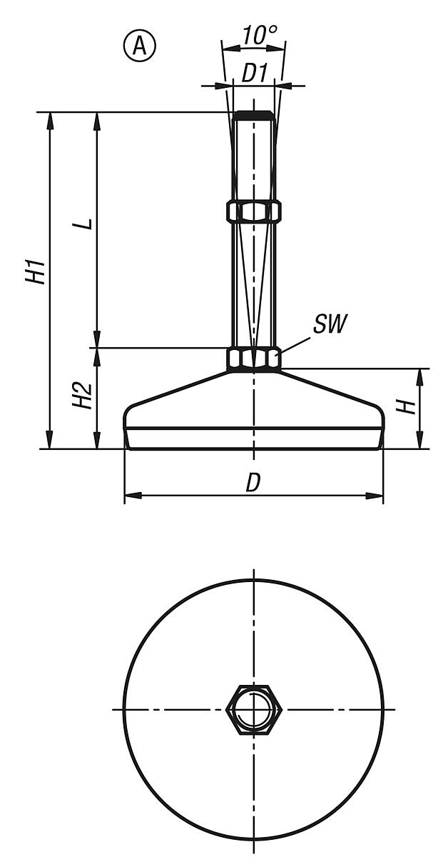 Kipp K0739.1208014X175 STELLFUß FORM A EDELSTAHL D=80, M14X175 - K0739-A Stellfuesse Stahl oder Edelstahl Form A - Massblatt