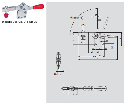 DESTACO 215-UB Horizontalspanner Öffnungswinkel 90° - 215-UB UB-LS Horizontalspanner - U- Spannarm - Fuss gerade