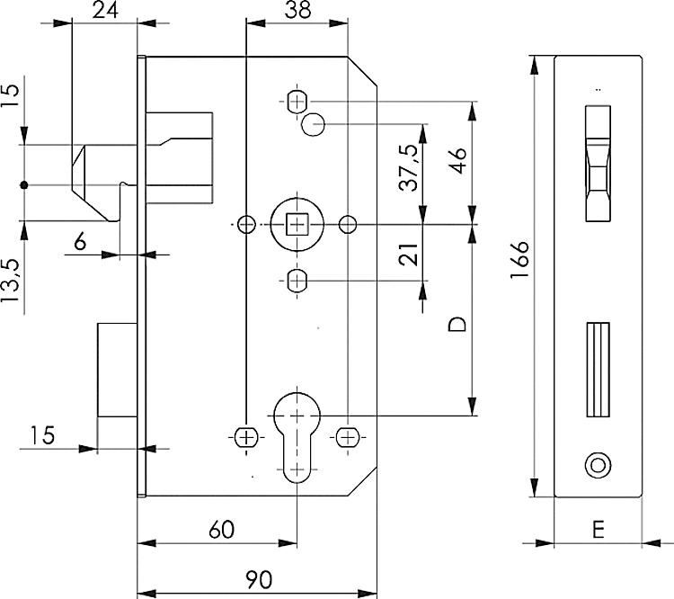 AMF 142SNIG-40ZW Schiebetor-Schloss, verzinkt, für Kastenbreite: 40 mm, Schließung: PZW, E: 33 mm - LE 142SNIG Schiebetor-Schloss - verzinkt -Skizze