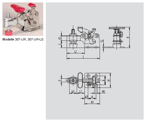 DESTACO 307-U Horizontalspanner Haltekraft 1500N, Öffnungswinkel 90° - 307-UR UR-LS Horizontalspanner - U- Spannarm - Fuss abgewinkelt mit Zusatzverriegelung